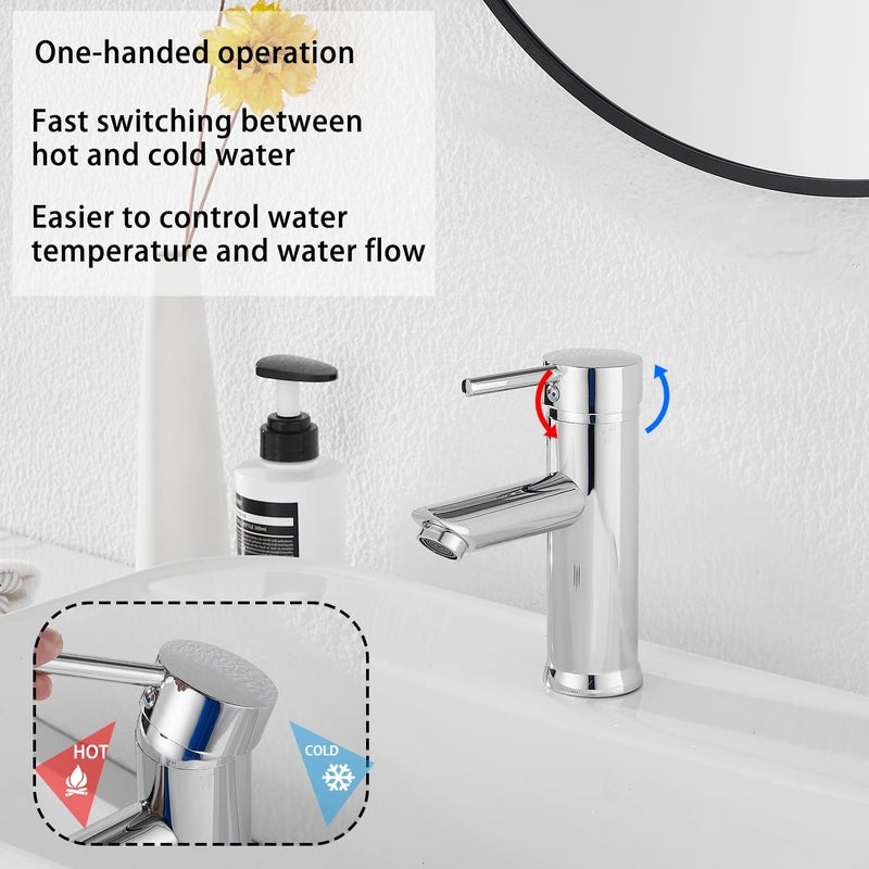 GGStudy Bathroom Faucet Chrome GGStudy Single Handle 1 Hole Faucets Stainless Steel Bathroom Vanity Faucet Matching Pop Up Drain with Overflow - Image 3